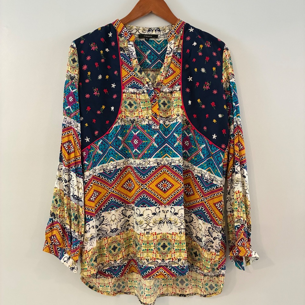 Madame Blouse XL Colorful Geometric Floral Embroidered Boho Festival Hippie